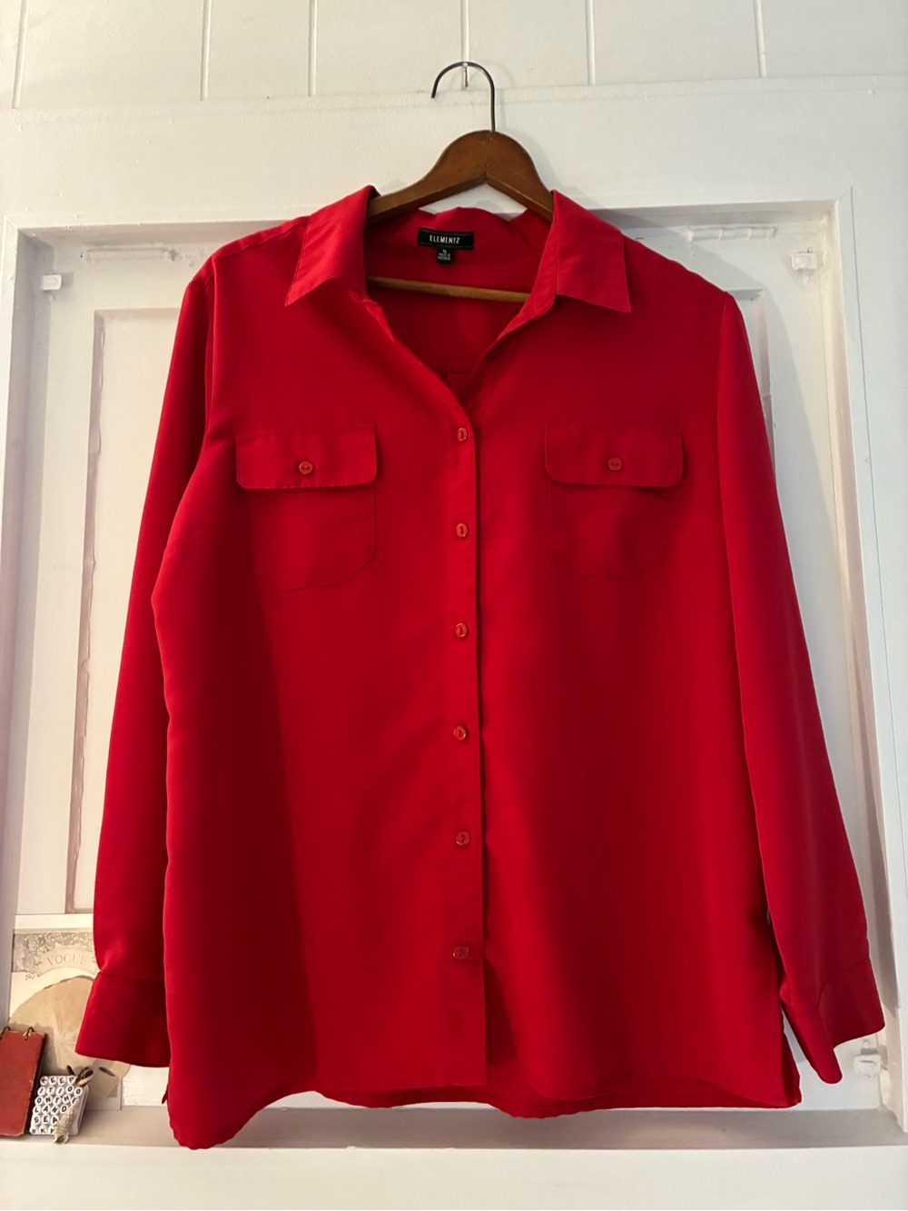 Elementz XL Vibrant Solid Red Women’s Button-Down Shirt - full long sleeve - 🍎